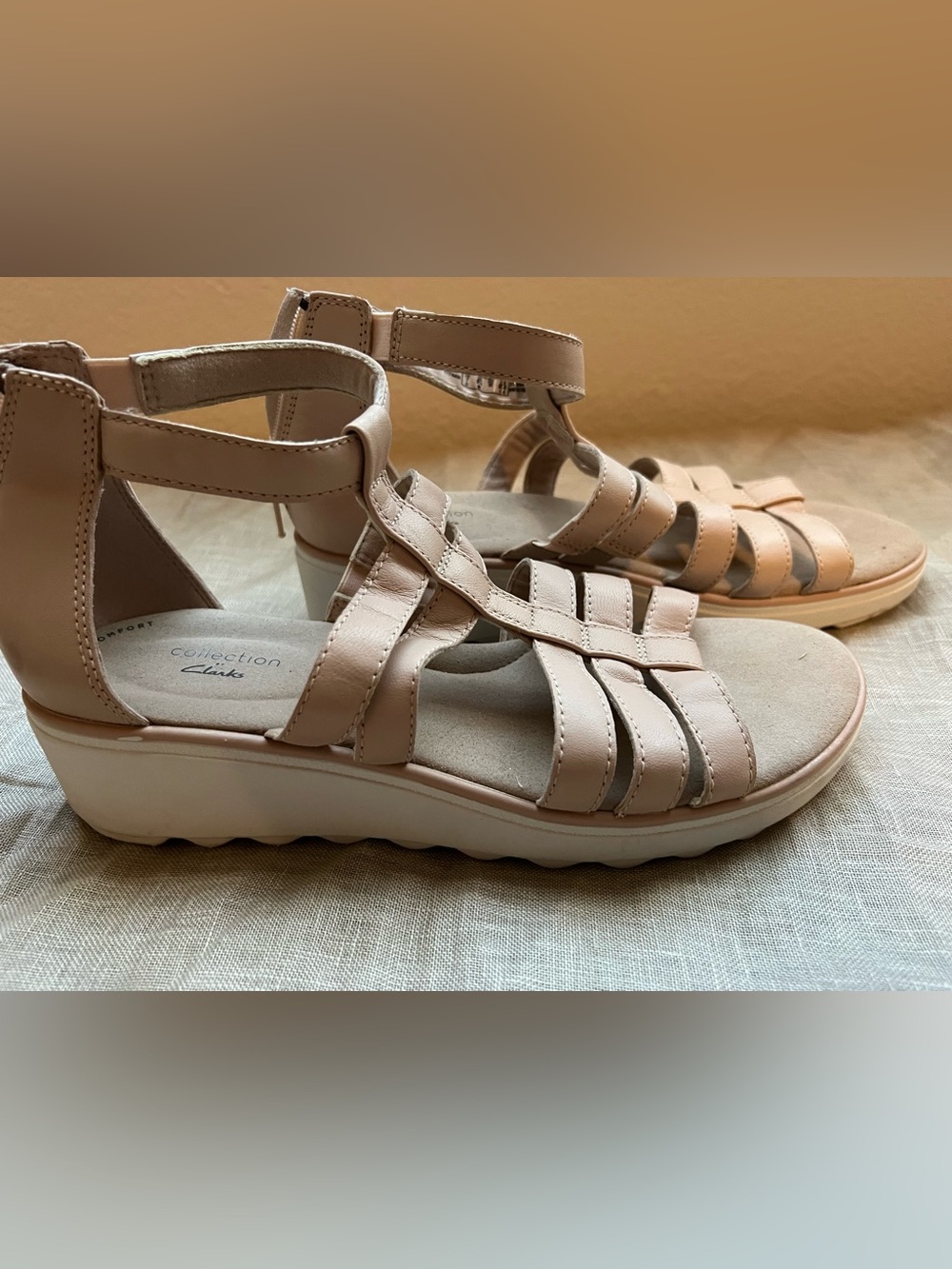 Clarks Women's Light Tan Strappy Wedge Sandals